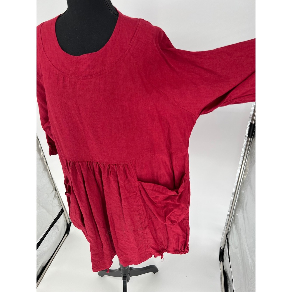 LINENBEE Linen Tunic Dress Women L Red Pockets Lagenlook Pockets Adjustable Hem - Picture 4 of 16